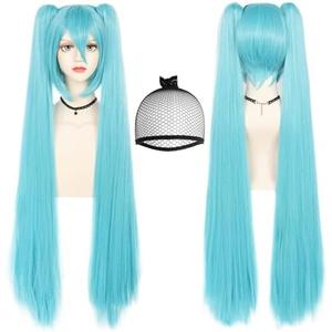 ANOGOL Hair Cap+ 120CM Blue Ponytail Wig Cosplay Lolita Wigs with Double Ponytails Long Straight Blue Cosplay Wigs Synthetic Hair Party for Anime Costume Halloween Outfit