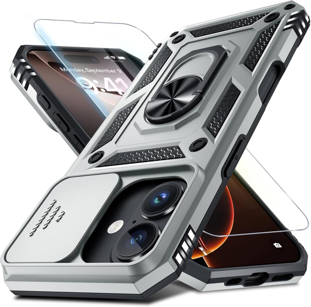 Janmitta Case for iPhone 15 Pro Max Phone Cover Built in Slide Camera Lens Cover+Screen Protector,Heavy Duty Shockproof Full Body PhoneCase with Finger Ring Holder Kickstand,Silver