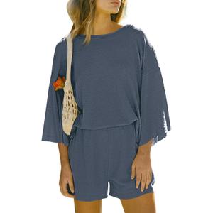 Tankaneo Womens Short Sets 2 Piece Outfits 3/4 Sleeve Tops and Elastic Waist Shorts Lounge Set Casual Loungewear (Small, Dark Blue)