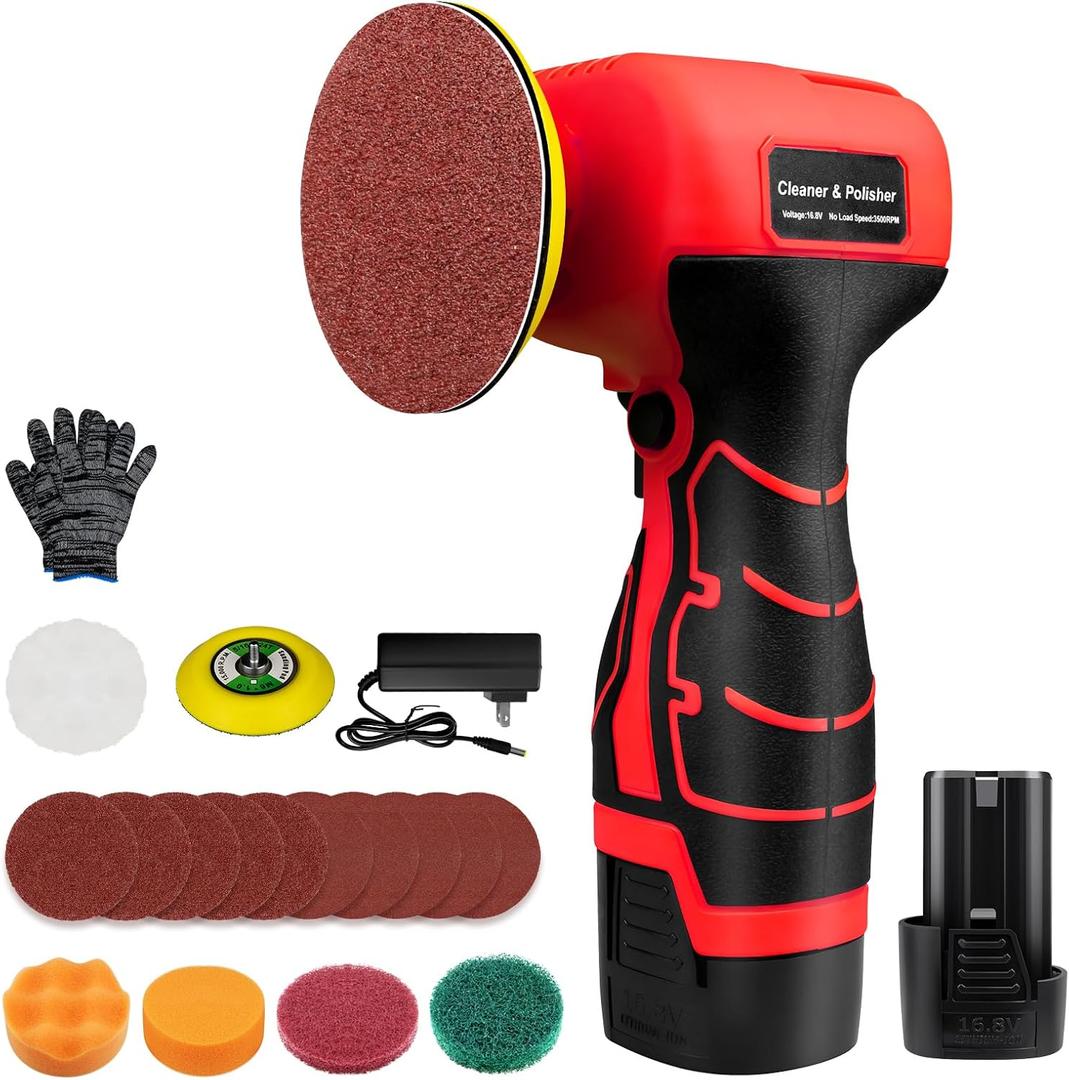 Cordless Sander, 3" Palm Sander with 16.8V 3.0Ah Li-ion Battery, 3500RPM Mini Polisher, 19 Accessories Sanders Tool for Sanding/Polishing/Waxing/Cleaning (Red-black)