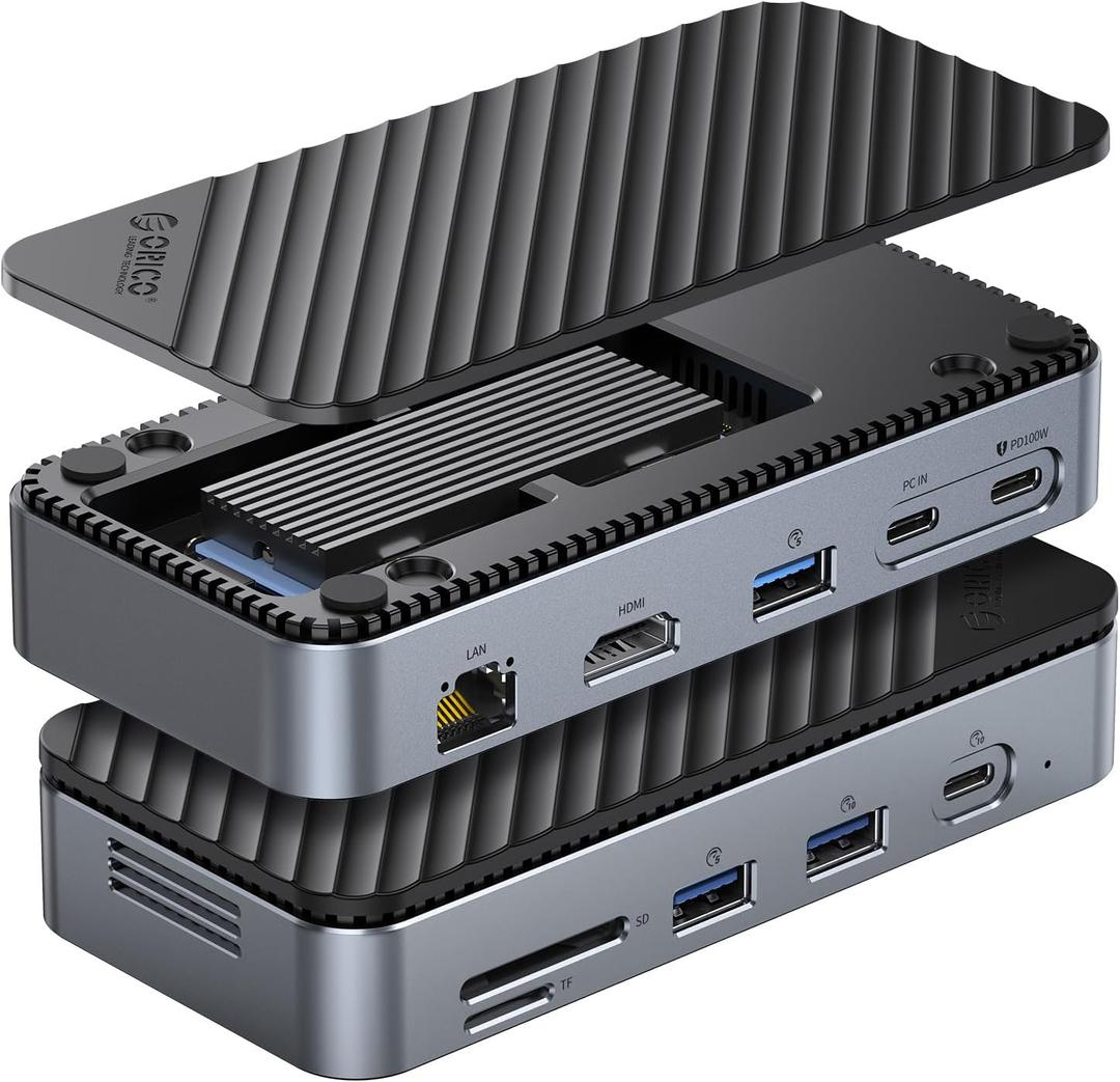 USB C Hub with M.2 SSD Enclosure, New Upgrade ORICO 10-in-1 USB-C Docking Station with Built in fan, 10Gbps USB 3.2 Gen2 M.2 NVMe SSD Reader, Support 4K@60Hz HDMI, 100W PD, Ethernet, SD/TF - DPM2P9-V1