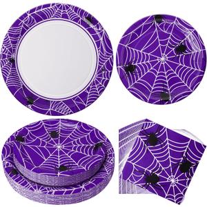 Paper Plates & Napkins, 25 Guest Disposable Party Supplies, Spider Webs and Spider Patterns Tableware Decorations Favors, 75pcs Including 9" & 7" Plates & Napkins for Halloween, Birthday, and Parties