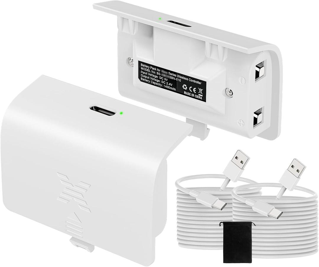 Controller Battery Pack Compatible with Xbox Series S/X with Type-C Charging Port, 2 x 1400 mAh Rechargeable Batterries for Xbox Series (Not for The Controller with Micro-USB Charging Port) (White)