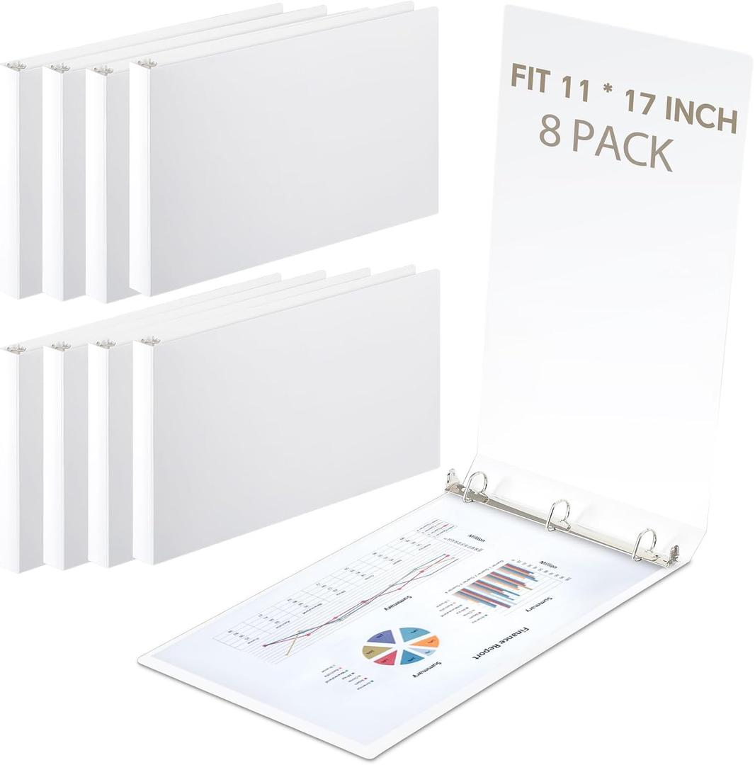 8 Pcs 3 Ring 11 x 17 Inch Landscape Binders, 1.5 Inch, White