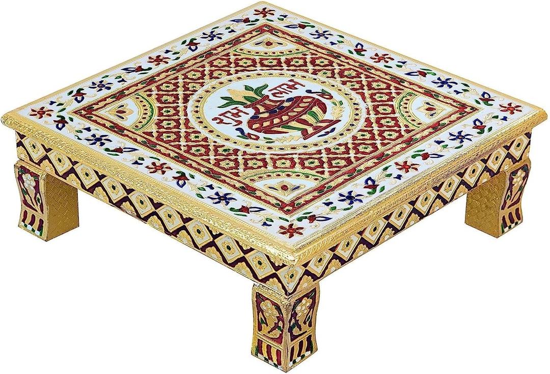 Indian Pooja Item Wooden chowki Pooja for mandir/Wedding/Temple Decorative Item Color-Golden, Pack of 1