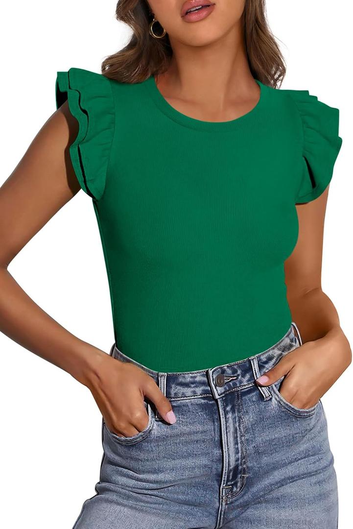 PRETTYGARDEN Womens Summer Crew Neck T Shirts 2026 Trendy Ruffle Sleeve Slim Fit Knit Going Out Tops Casual Spring Clothes (Green, M)