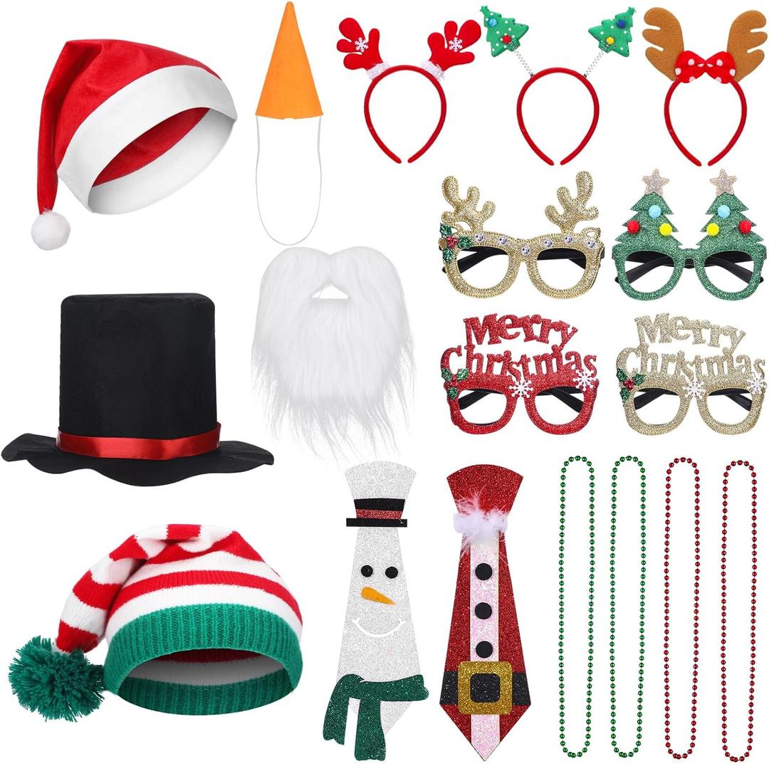 19 Pc Photo Booth Props - Christmas Party Set with Hats, Glasses, Headbands, Necklaces, Necktie, White Beard, Knit & Black Hats, Carrot Nose
