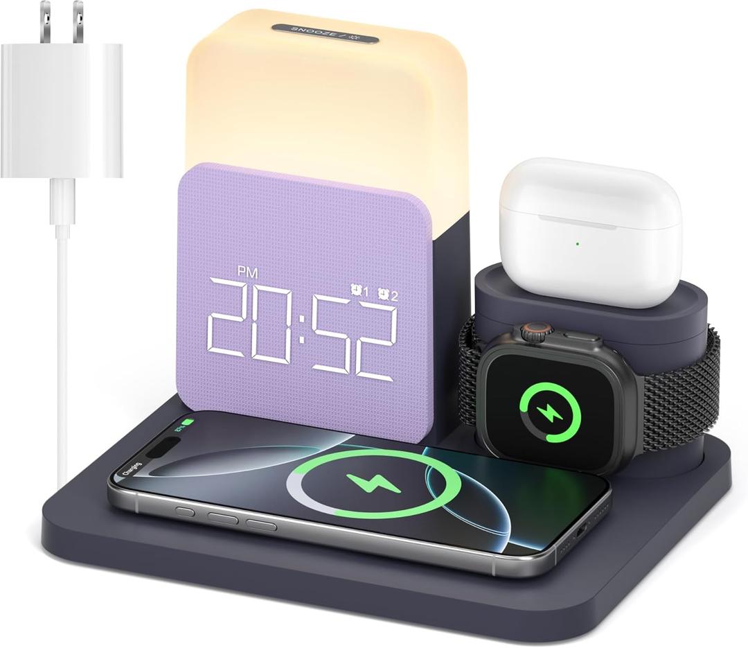 Alarm Clock Charging Station for Bedrooms, 7 in 1 Wireless Charging Station, Magnetic Charger with Night Light Bedside Clock for iPhone 17 16 15 14 13 12 Pro Max, Apple Watch, AirPods (Deep Purple)