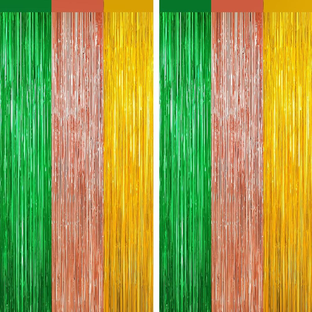 3 x 2 Pack Metallic Tinsel Foil Fringe Curtains, Door Streamers Photo Booth Backdrop for Birthday Party, Tinsel Curtain Backdrop for Baby Shower Christmas Party Decorations, Green Rose Gold and Gold