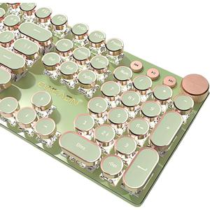 Typewriter Style Mechanical Gaming Keyboard White LED Backlit 104-Key NKRO Pink Switches Retro Round Keycaps Golden Ring Volume Knob Metal Panel Wired USB-C Detachable Cable, Matcha Green