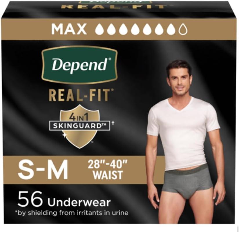 Depend Real Fit Incontinence Underwear for Men, Disposable, Maximum Absorbency, Small/Medium, Grey, 56 Count (2 Packs of 28), Packaging May Vary