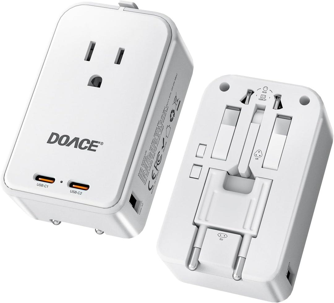 DOACE Pico 45W Travel Adapter, 5-Port Universal Power Adapter 1 AC, 2 USB C and 2 USB-A, International Plug Adaptor Worldwide for US to European UK Italy Spain New Zealand Over 200 Countries (White)
