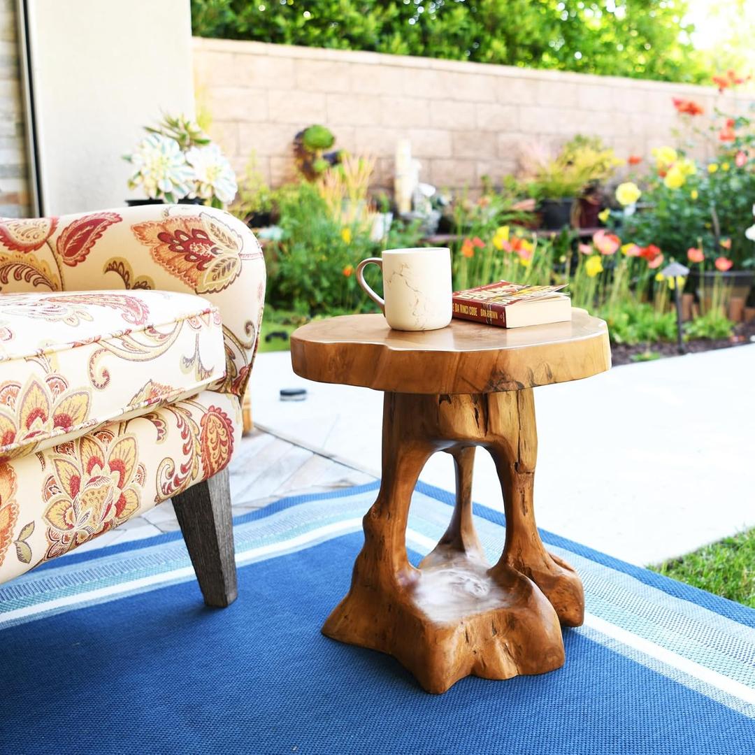 WELLAND Live Edge Natural Teak End Table 16" L x 17" W x 18" H, Rustic Side Table, Small Accent Table, Plant Stand for Living Room, Bedroom, Home Office