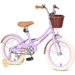 ACEGER Girls Bike with Basket, Kids Bicycle for 3-13 Years, Included Coaster Brake & Caliper Brake, 14 Inch with Training Wheels  (Purple)