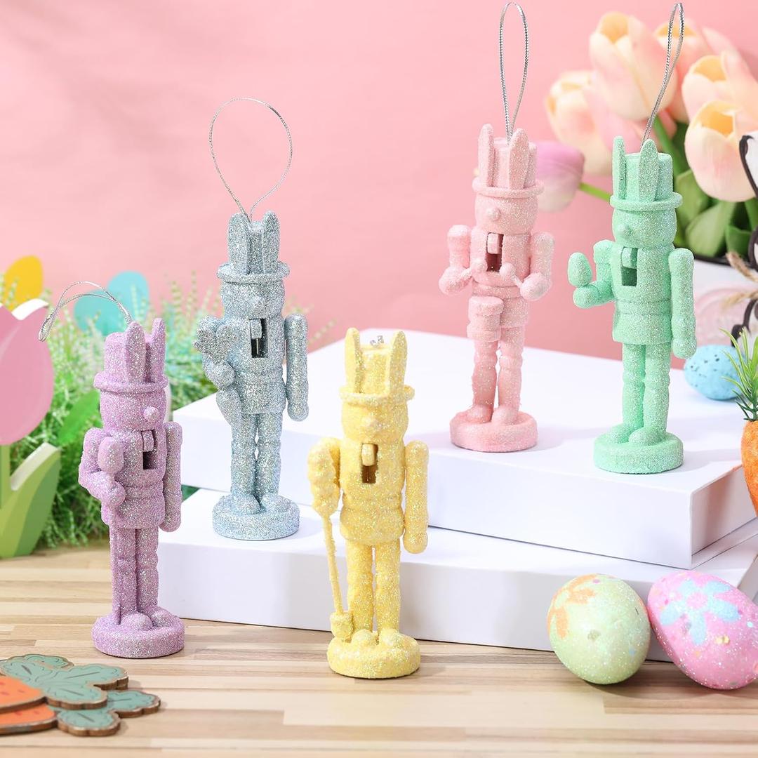 Bucherry 5 Pcs Pastel Easter Bunny Nutcracker 5 Inch Wooden Glitter Easter Nutcracker Figures Decorations, Pastel Bunny Table Sign for Spring Home Desktop Fireplace Collectible Gifts