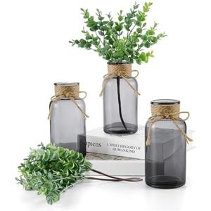 3 Glass Bud Vases 6.5“ H, Black Mason Jars with Fake Eucalyptus Centerpiece Vases with Hemp Rope for Weddings Parties Farmhouse Decor