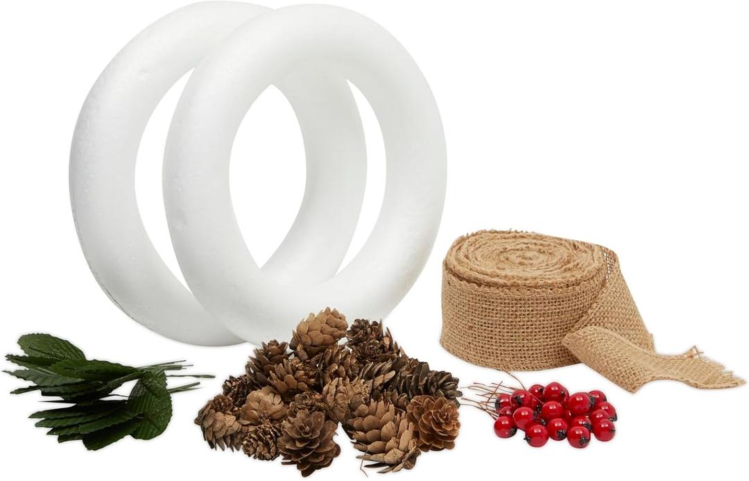 Bright Creations 8 inch Wreath DIY Kit with 2 Craft Foam Rings, Burlap Ribbon, Berries, Pinecones (75 Pieces Set) - Floral Foam - Wreath Making Kit