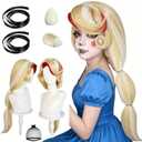 JoneTing 35inch Long Blond Wig for Women+Cap+2 Ribbons+2 Fangs Long Light Blonde and Red Wig for Adult Blond Wig with Bangs and Braids Long Blonde Mix Red Wig for Cosplay Halloween Party Outfit