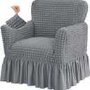 Stretch Seersucker Armchair Slipcovers with Skirt, 1-Piece Chair Cover with Arms, Soft Stretch Accent Chair Slipcovers, Non-Slip Washable Furniture Protector for Living Room Decor (Gray)