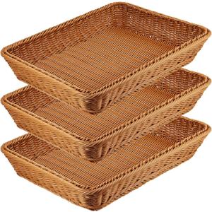 MANCHAP 3 PCS 16 Inch Poly Wicker Bread Baskets, Handmade Rattan Woven Pantry Organizer, Tabletop Food Serving Baskets Rectangle Storage Basket for Home, Restaurant, Hotel, Brown