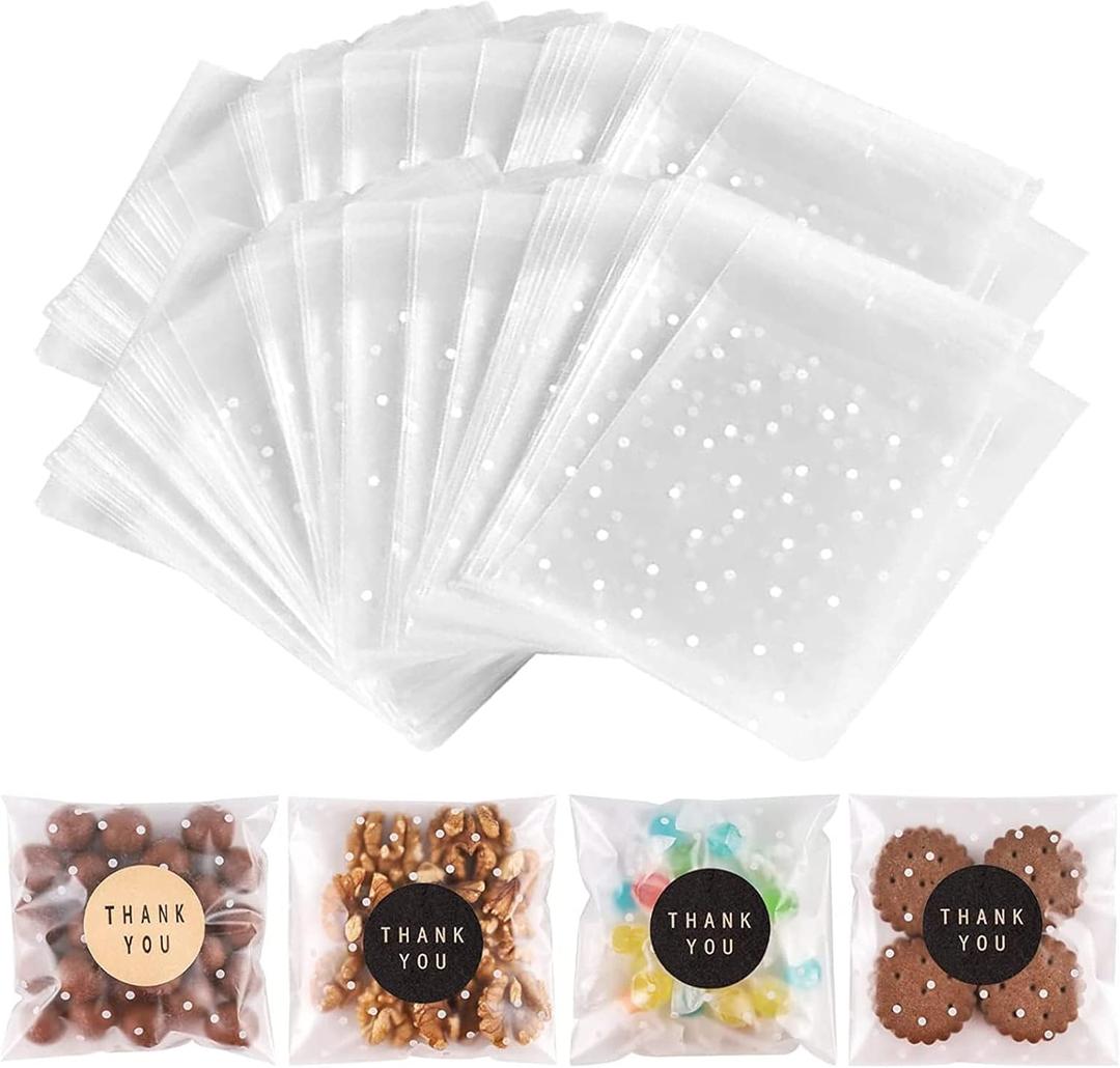 200PACK Self Sealing Cellophane Treat Bags Clear Cookie Bags for Gift Giving with Stickers(White Polka Dot, 4X4INCH)