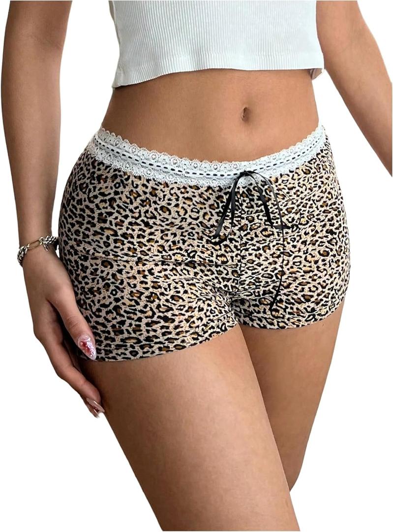 SOLY HUX Women's Leopard Print Shorts Lace Trim Y2k Elastic Low Rise Booty Shorts (M)