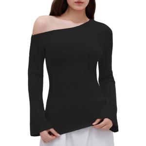 OMKAGI Off the Shoulder Fall Sweaters for Women Trendy Slim Fit Ribbed Knit Long Sleeve Top (Black, M)