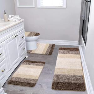 Bsmathom Bathroom Rugs Sets 4 Piece with Toilet Cover, Plush Shaggy Bath Rugs Set Non Slip Washable, Absorbent Microfiber Bath Mat with U-Shaped Contour Toilet Mat for Bathroom, Dark Coffe