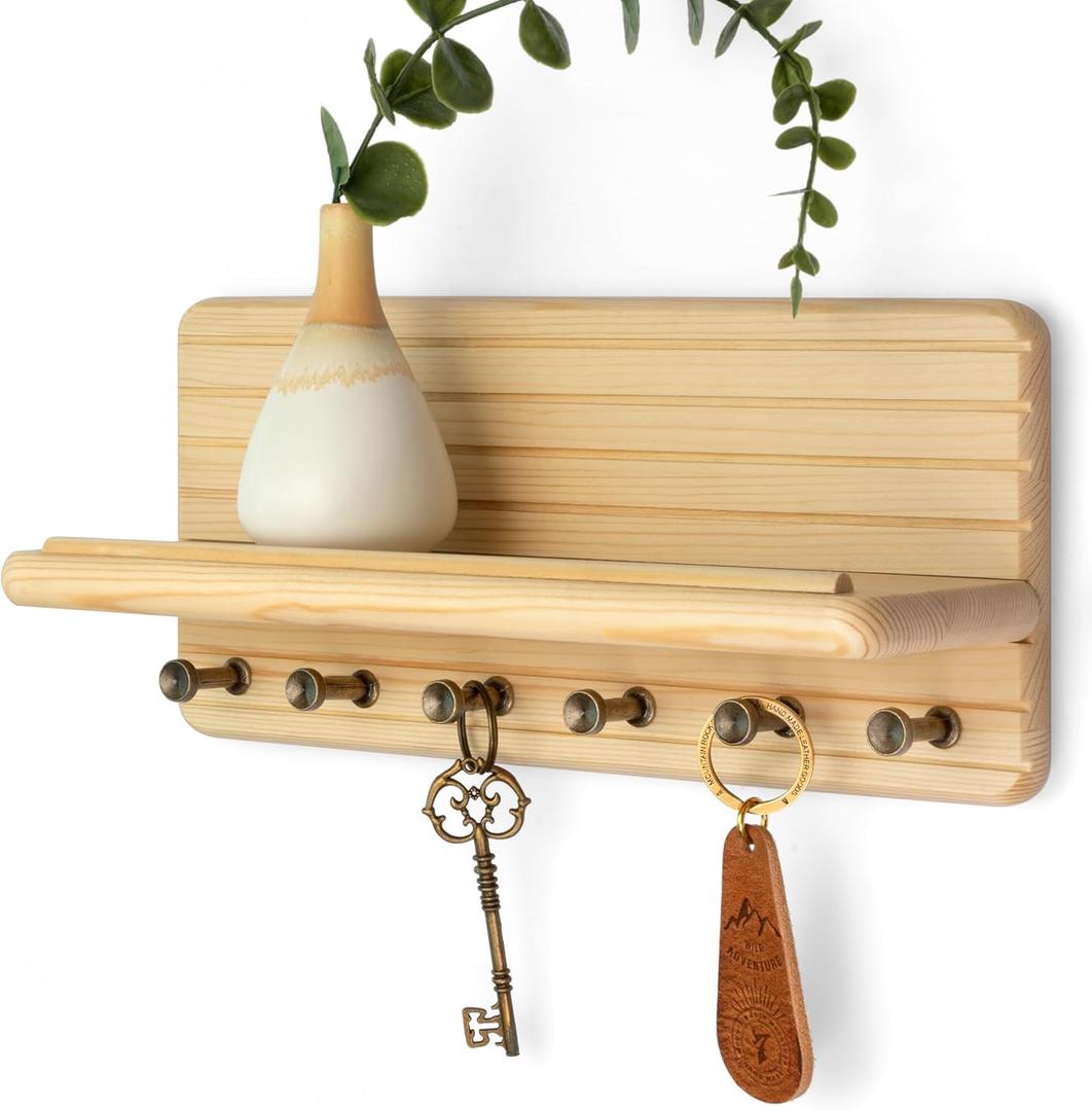 Rebee Vision Decorative Key Holder Wall Mount  Farmhouse 11-Inch Pine Wooden Key Holder for Wall with 6 Hooks & Floating Shelf - Chic and Functional Home Decor Solution (Natural Wood)