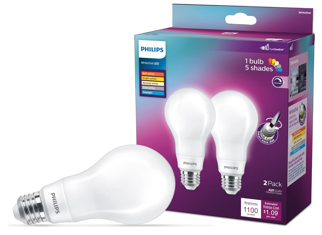 PHILIPS LED 75W A21 2-Pack WhiteDial Multi-CCT (5000K) 1100 Lumen (9W = 75W) Dimmable Clear Flicker-Free Light Bulbs