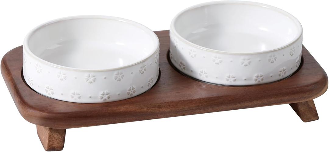 6.1inch Raised Double Cat Bowls Set with Acacia Wood Stand, Wide Whisker Friendly Ceramic Food & Water Bowls for Cats, Puppy, Kitty, Pet Bowl(Double Bowls+Stand, Arctic White)