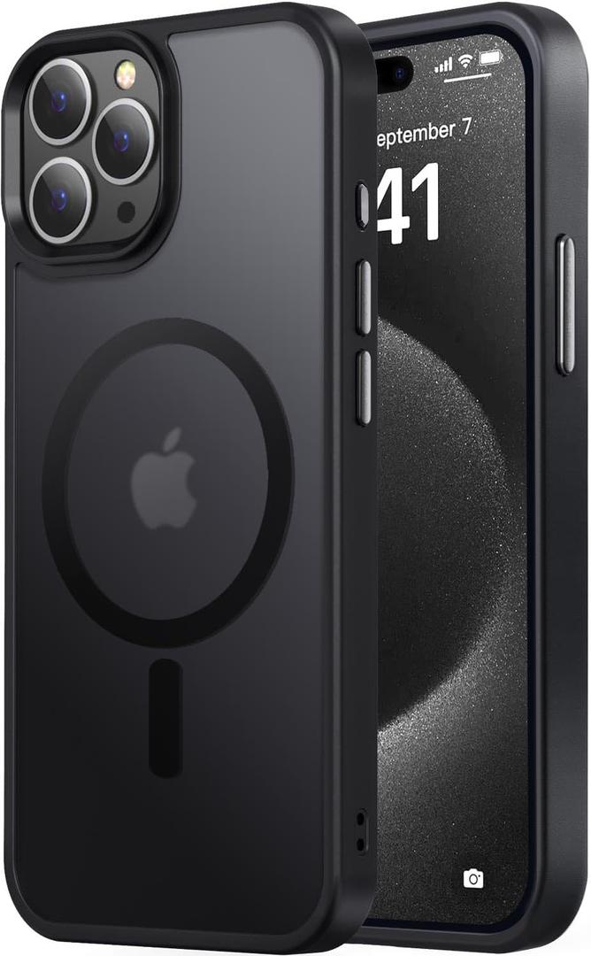 Strong Magnetic for iPhone 15 Pro Max Case, [Compatible with Magsafe][13FT Military-Grade Drop Tested] Slim Shockproof Matte Translucent Protective Case for iPhone 15 Pro Max Case 6.7'', Black