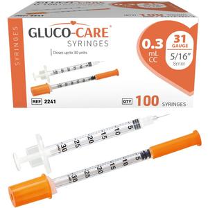 GLUCO-CARE 0.3 ml/cc Syringes 31G x 5/16 (8mm), Orange Cap, Box of 100 pcs