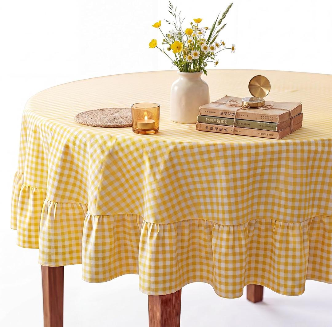 Moukeren 1 Pieces Checkered Tablecloth with Ruffle 70 Inch Round Hem Farmhouse Table Cover for Kitchen, Wedding, Party, Indoor Outdoor Picnic and Daily Decor, Cotton Fabric