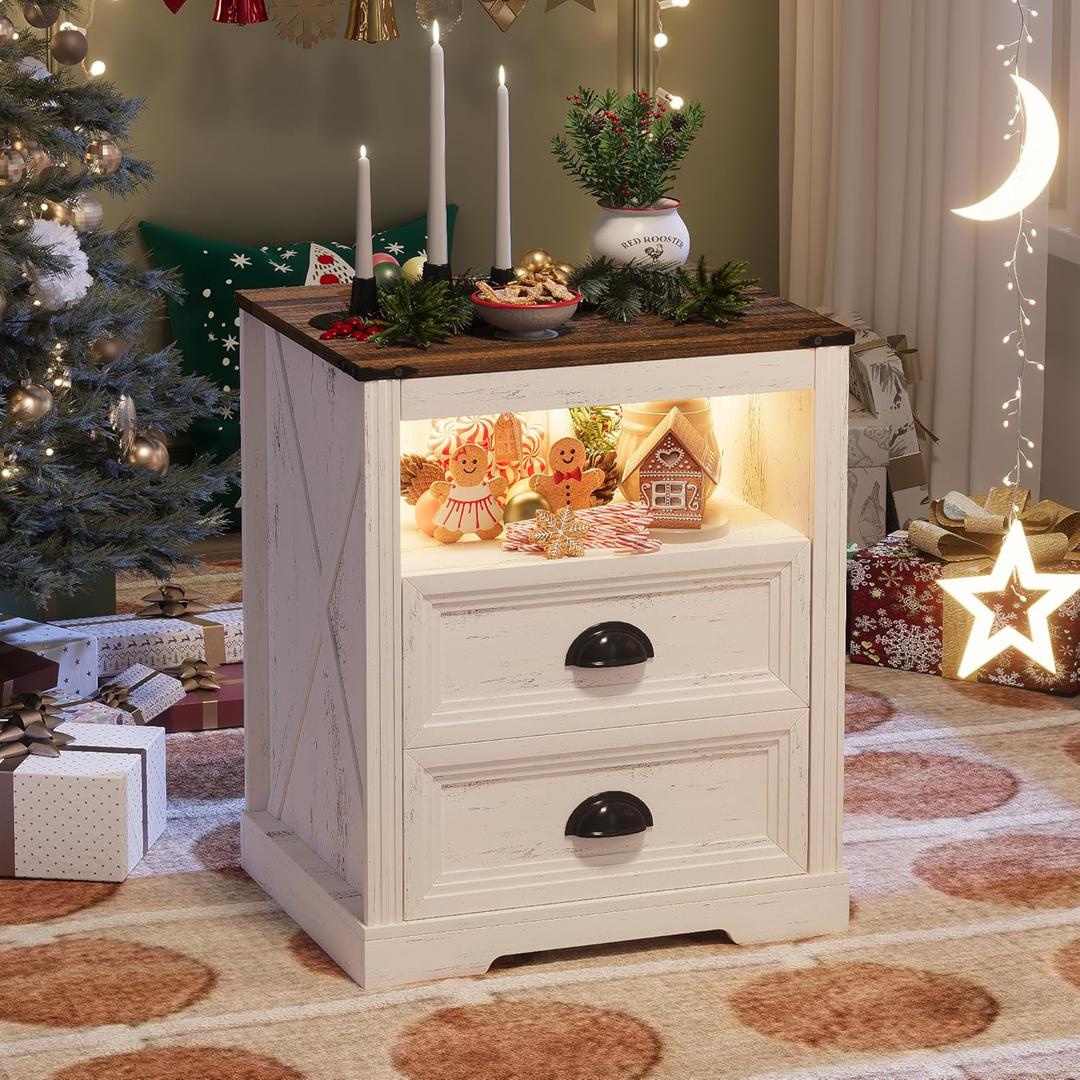 FONTOI Farmhouse Nightstand, End Table with Drawers, Nightstand with Charging Station, Bedside Table with 3 LED Lights Modes, Wood Night Stand with Smart Human Sensor for Bedroom, Brown & White