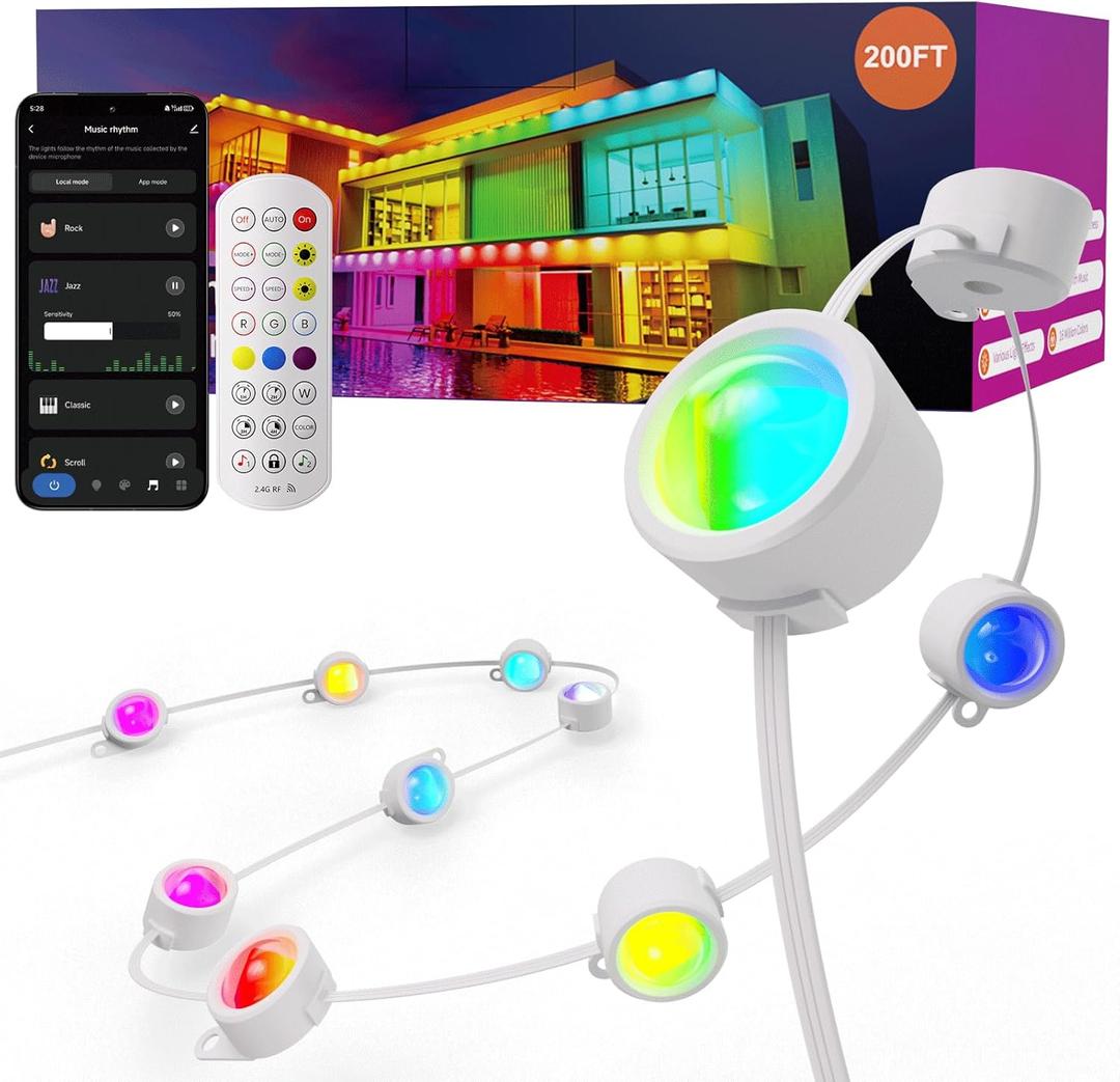 Permanent Outdoor Lights, 200FT RGB Smart LED Eaves Light, IP67 Waterproof Outdoor Strip Lights, 16 Million Colors, Extendable, App/Remote Control, Music Sync