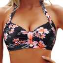 Yonique Women Halter Bikini Top Only Retro Swimsuit Top Push Up Bathing Suit Top No Bottom (Medium, Peach Blossom-1)