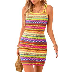 PRETTYGARDEN Womens 2026 Summer Mini Dresses Square Neck Sleeveless Tank Bodycon Striped Boho Sundress Beach Vacation Outfits (L)