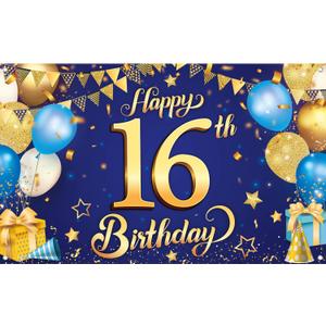 KatchOn, XtraLarge Blue and Gold Happy 16th Birthday Banner - 72x44 Inch | 16th Backdrop for Happy Birthday Decorations | Blue and Gold Party Decorations