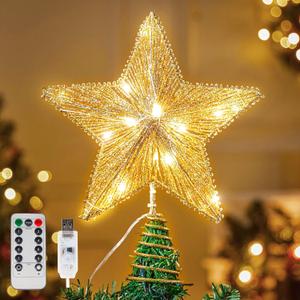 Joiedomi 9.5" Golden Christmas Star Tree Topper Radial Design, Metal Treetop Decorations with 20 LED Warm White, USB Powered Remote Control for Home Holiday Xmas Party Indoor Decor