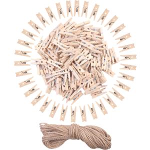 DIYASY 120 Pcs Mini Wood Clothespins,1 Inch Small Craft Wooden Clips with Jute Twine for Photo Wall and DIY Craft.