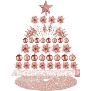 Realspring 72 Pieces Christmas Tree Ornament Set Xmas Assorted Decorations Bulk Glitter Poinsettia Berry Picks Topper Star Sequin Tree Skirts for Home Wreaths Holiday Party Favors (Rose Gold)