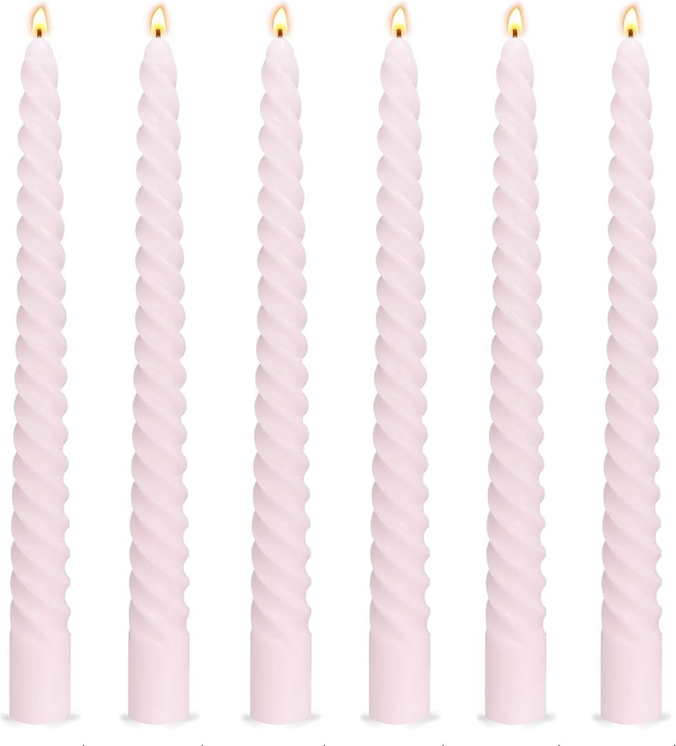6 Pack 10 Inch Pale Pink Spiral Taper Candles for Holiday Home Decoration, Unscented Dripless Twisted Candlesticks for Dinner Party Wedding Baby Shower and Easter
