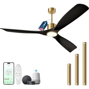 60" Smart Ceiling Fan with Lights,Outdoor Ceiling Fan Work with Alexa/Gg/App/Remote,3-Color Light Dimmable 6-Speed Quiet Reversible for Patio Porch Bedroom,Black and Gold