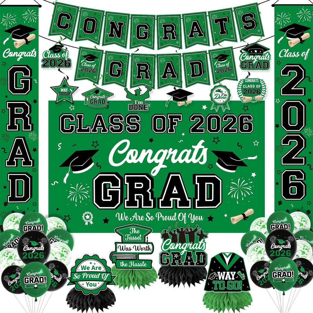 Graduation Decorations 2026 Green Graduation Party Decor Set include Congrats Grad Banner Backdrop Class of 2026 Balloons Party Supplies