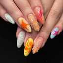 Almond Press on Nails Medium SWEKKE 3D Fake Nails French Tip False Nails with Floral Starfish Shell Pearls Designs Summer Glossy Glue on Nail Stick on Nail for Women Girls 30Pcs