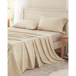 PURE ERA Twin Sheet Set 100% Washed Cotton Gingham Sheets Twin Size Bed Set Linen Feel Soft Breathable Durable,15" Deep Pocket 4Pc Checked Beige Bedsheet