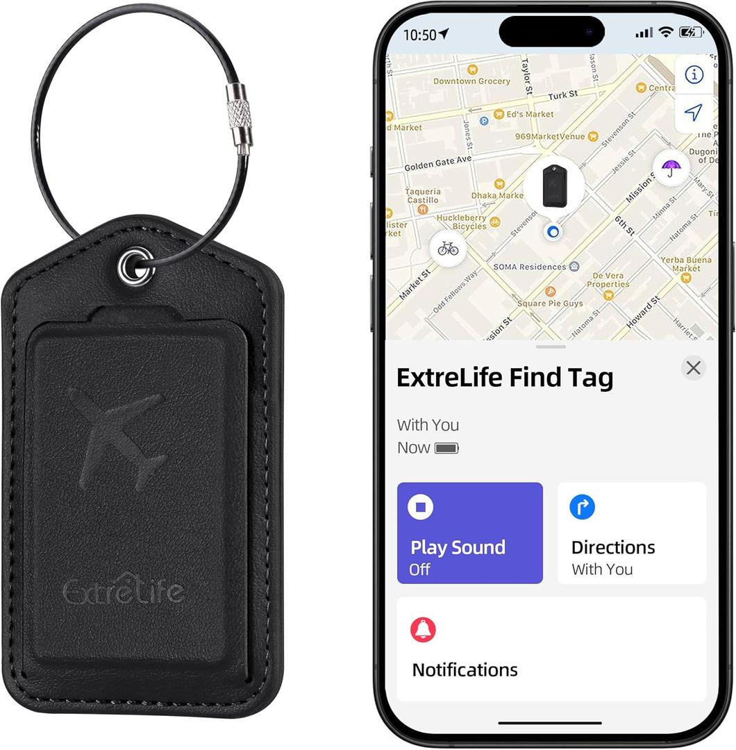 Luggage Tags, Works with Apple Find My, Leather Luggage Tag for Suitcases, Travel Tags, Bag Tag for Backpacks, Suitcase Tag with Privacy Flap, Anti-Lost Smart Luggage Tracker, Travel Essentials, Black