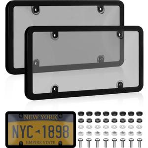 Clear License Plate Protector, 2 Pack License Plate Covers & Frames Unbreakable Plastic Car Shields Holder Fits Standard US Plate with Screws Caps (Gray)