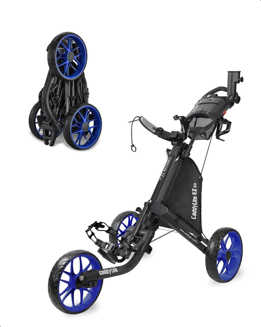 Caddytek CaddyLite EZ V8 Golf Push Cart - Lightweight 3 Wheel Foldable Cart with One-Click 2-Step Folding, EVA Wheels, Adjustable Handle, Cooler Basket, Umbrella & Drink Holder, Compact Golf Cart